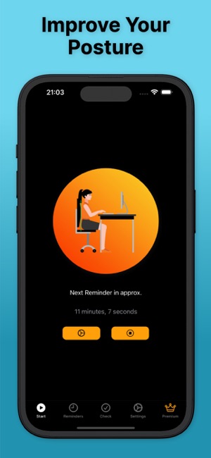 Main app interface with posture improvement features and countdown timer