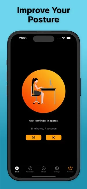 Main app interface with posture improvement features and countdown timer